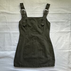 Zara Denim Jumper Dress Army Green Western Buckle Straps Size Small